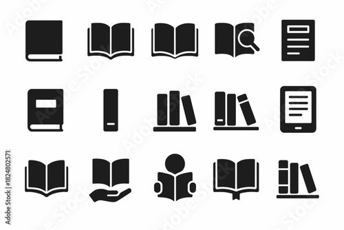Set of 16 black book icons featuring open, closed, digital, and library designs