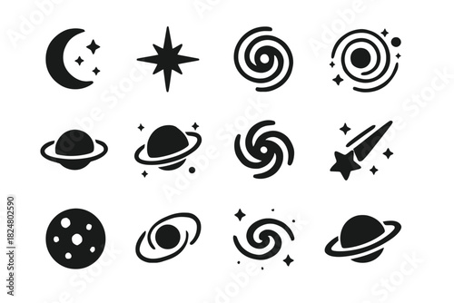 Minimalist black icons of celestial bodies and cosmic symbols