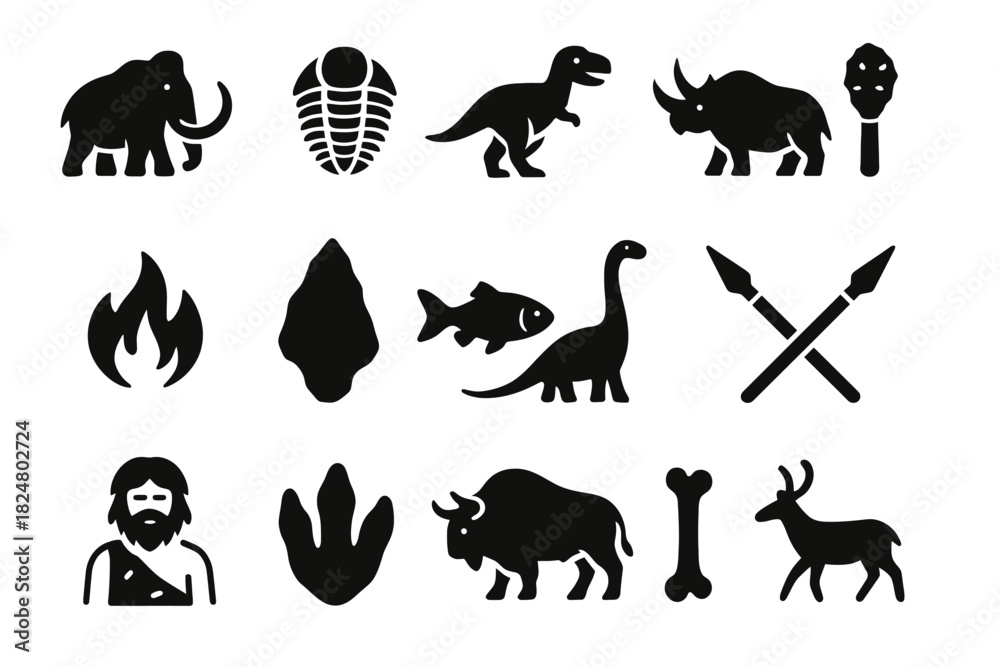 Naklejka premium Silhouettes of prehistoric creatures and early human artifacts