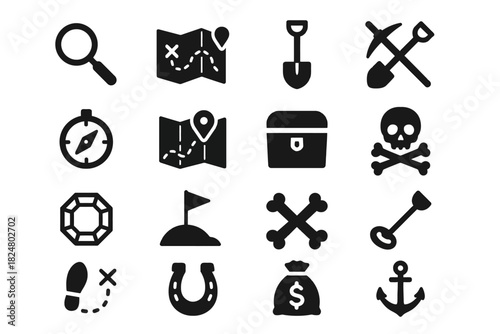 Treasure hunt icon set featuring maps, compass, and tools in black silhouette style