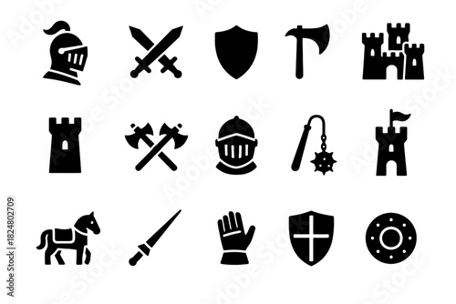 Medieval icons collection: knights, weapons, shields, and castles in silhouette