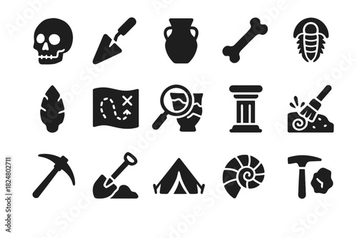 Archaeology icons: tools, fossils, and artifacts in bold black silhouettes