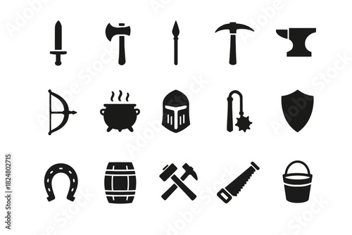 Medieval tools and weapons icons: sword, axe, anvil, shield, armor