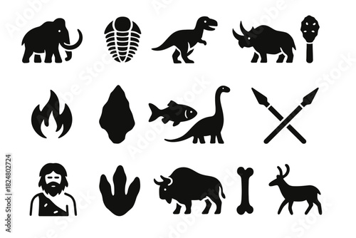 Silhouettes of prehistoric creatures and early human artifacts