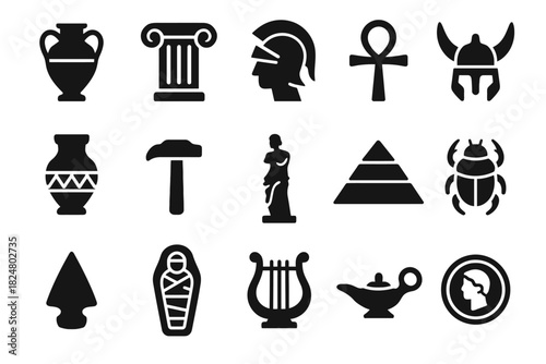 Ancient civilization icons: greek, egyptian, viking symbols and artifacts
