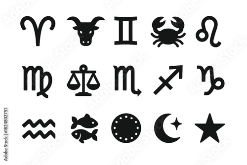 Zodiac symbols collection: aries to pisces with moon and star icon