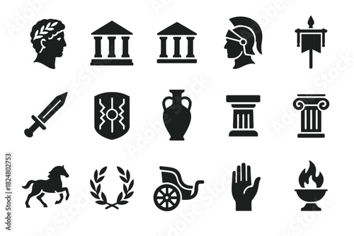 Ancient roman symbols: architecture, armor, artifacts, and warfare icons