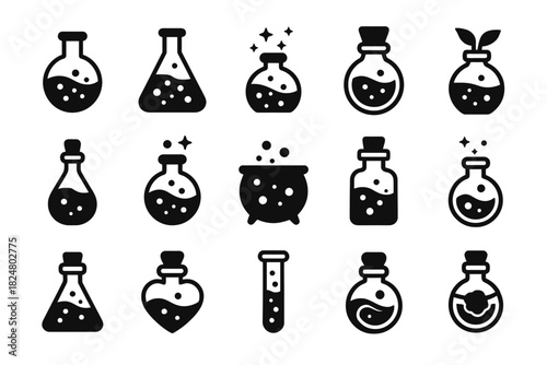 Set of chemistry flasks and potion icons with different designs and patterns
