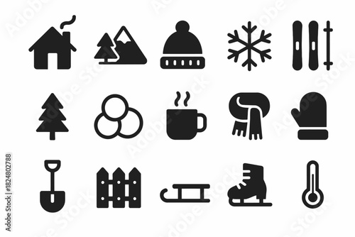 Winter icons set: cozy cabin, snowflakes, hot drink, skiing gear, woolen hat, mittens