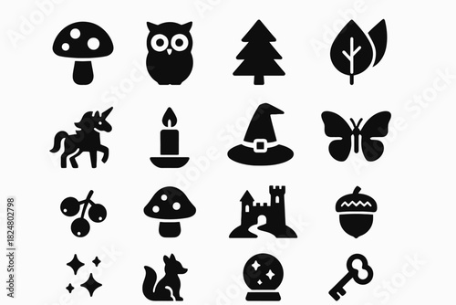 Silhouette icons: nature, fantasy, and magic symbols on white background