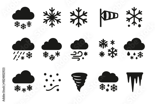 Weather icons set: snow, wind, cloud, tornado, icicle symbols