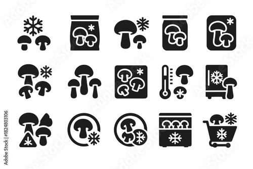 Black and white icons of frozen mushrooms and freezing symbols