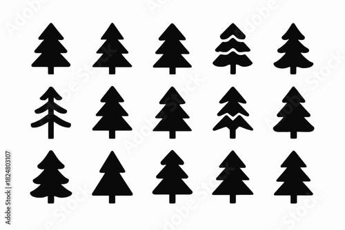 Collection of black silhouette evergreen trees in various shapes