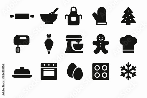 Set of baking and cooking icons including mixer, oven, and gingerbread man