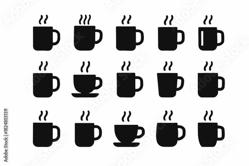 Steaming coffee cup icon set - black silhouettes of mugs and teacups