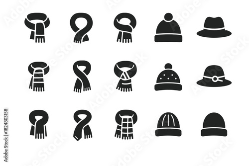 Collection of black winter hats and scarves icons in various styles