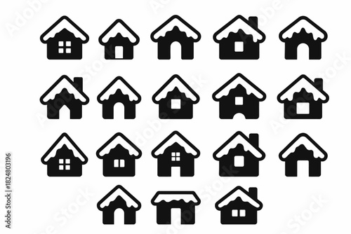 Collection of snow-capped house icons in various styles on white background