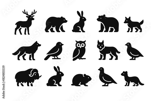 Silhouette collection of wildlife animals including deer, bear, rabbit, fox, bird, and owl