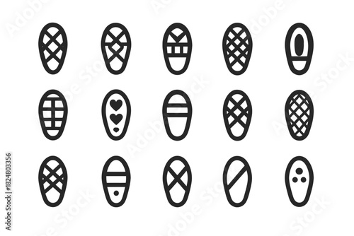 Set of sixteen unique footprint icon designs in a grid pattern