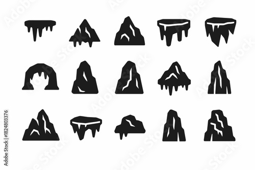 Set of minimalist black mountain icons with peaks and cliffs