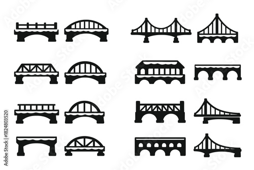 Set of twelve black bridge icons in various designs and styles