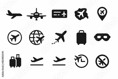 Air travel icons set: airplane, luggage, tickets, location, and time symbols