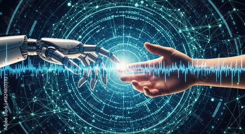 Humanity meets technology with AI robot hand touching human hand in digital age