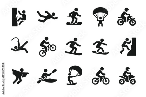 Adventure sports icons: parachute, snowboard, bicycle, skateboard, rock climb graphics