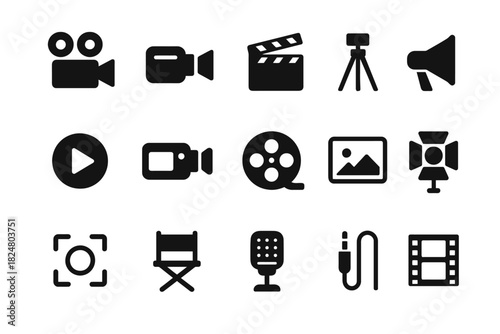 Black film and media icons set featuring camera, microphone, clapboard, and more