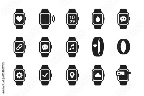Smartwatch icons: heart rate, messages, music, settings, weather, gps