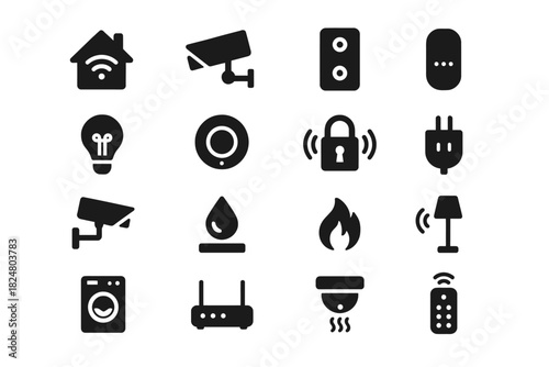 Smart home technology icon set: security, appliances, lighting, connectivity symbols