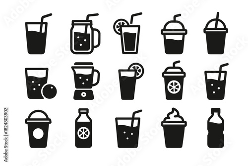 Black silhouette icons of various beverage containers and blenders with straws and garnishes