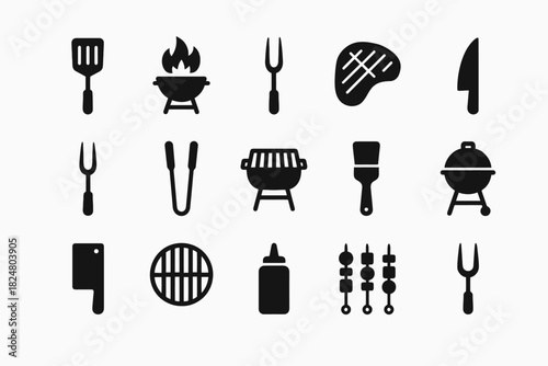 Set of grilling and bbq icons: utensils, grills, meat, and forks