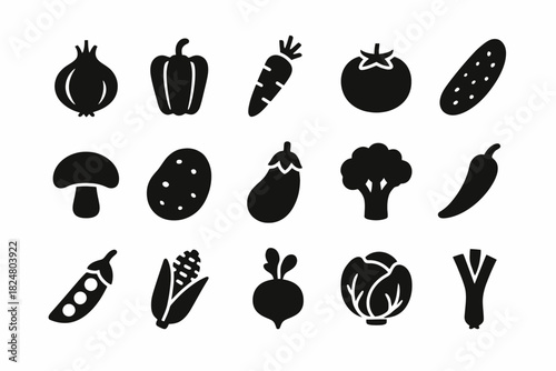 Set of 16 black vegetable icons including carrot, tomato, eggplant, broccoli, corn