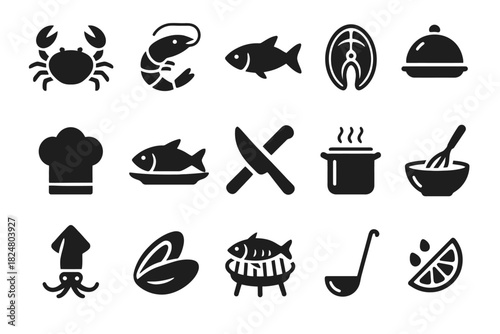 Seafood and cooking icons collection: crab, shrimp, fish, chef hat, cooking utensils