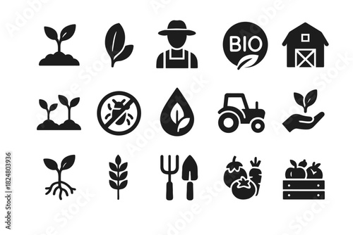 Set of agriculture icons representing farming tools and organic symbols