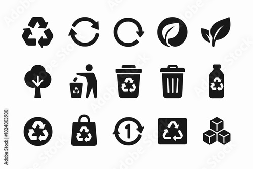 Set of recycling and eco-friendly icons featuring symbols for sustainability