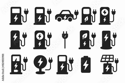 Icons of electric vehicle charging stations and renewable energy symbols