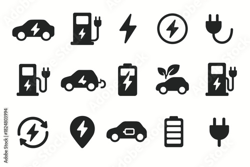 Electric vehicle icons set - charging, battery, plug symbols for sustainable energy