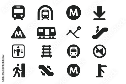 Metro transportation icons set: train, subway, escalator, elevator, railway, accessibility