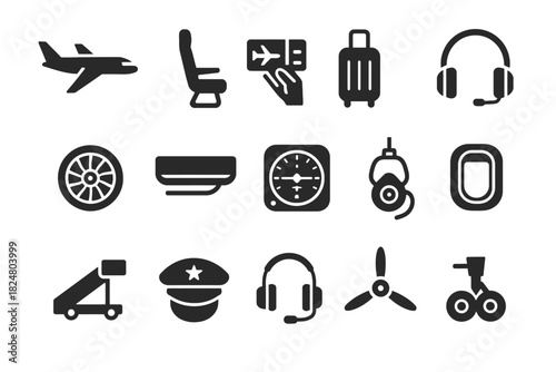Aviation icons: airplane, luggage, headphones, cockpit, travel symbols