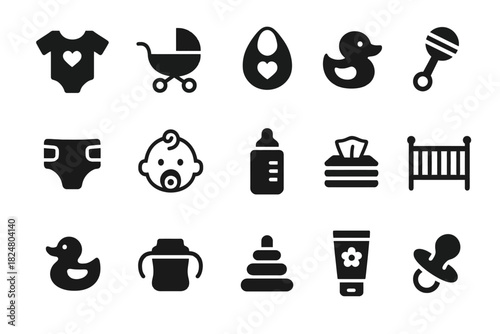 Baby essentials icons set with stroller, bottle, pacifier, crib, and toys