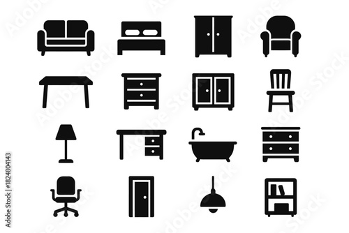Collection of furniture icons: sofa, bed, armchair, desk, wardrobe, bathtub, and more
