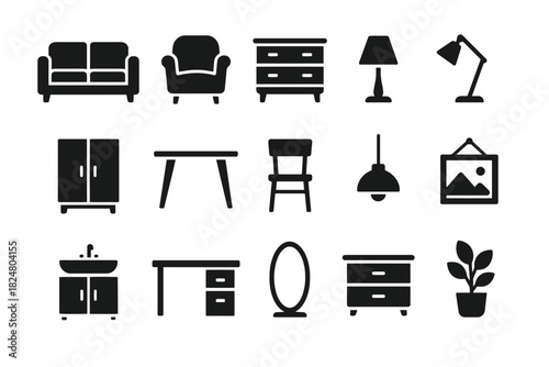 Black furniture icons set: sofa, lamp, table, chair, wardrobe, sink, plant, and more