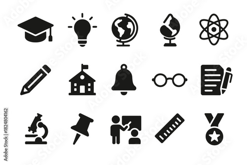 Set of educational icon illustrations including globe and microscope