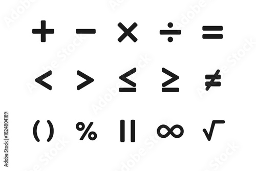 Mathematical symbols: addition, subtraction, division, multiplication, and more
