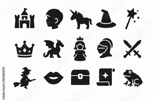 Fantasy icon set: castle, magic, creatures, and medieval elements in black silhouettes