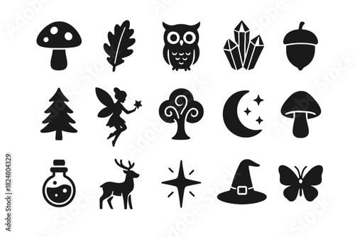 Whimsical nature icons: mushroom, owl, crystals, fairy, moon, witch hat