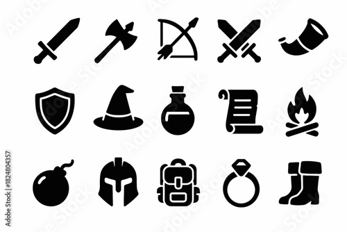 Medieval fantasy icons: weapons, armor, spells, and accessories