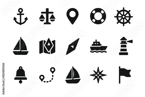 Nautical symbols: anchor, compass, boat, lighthouse in black and white vector icons